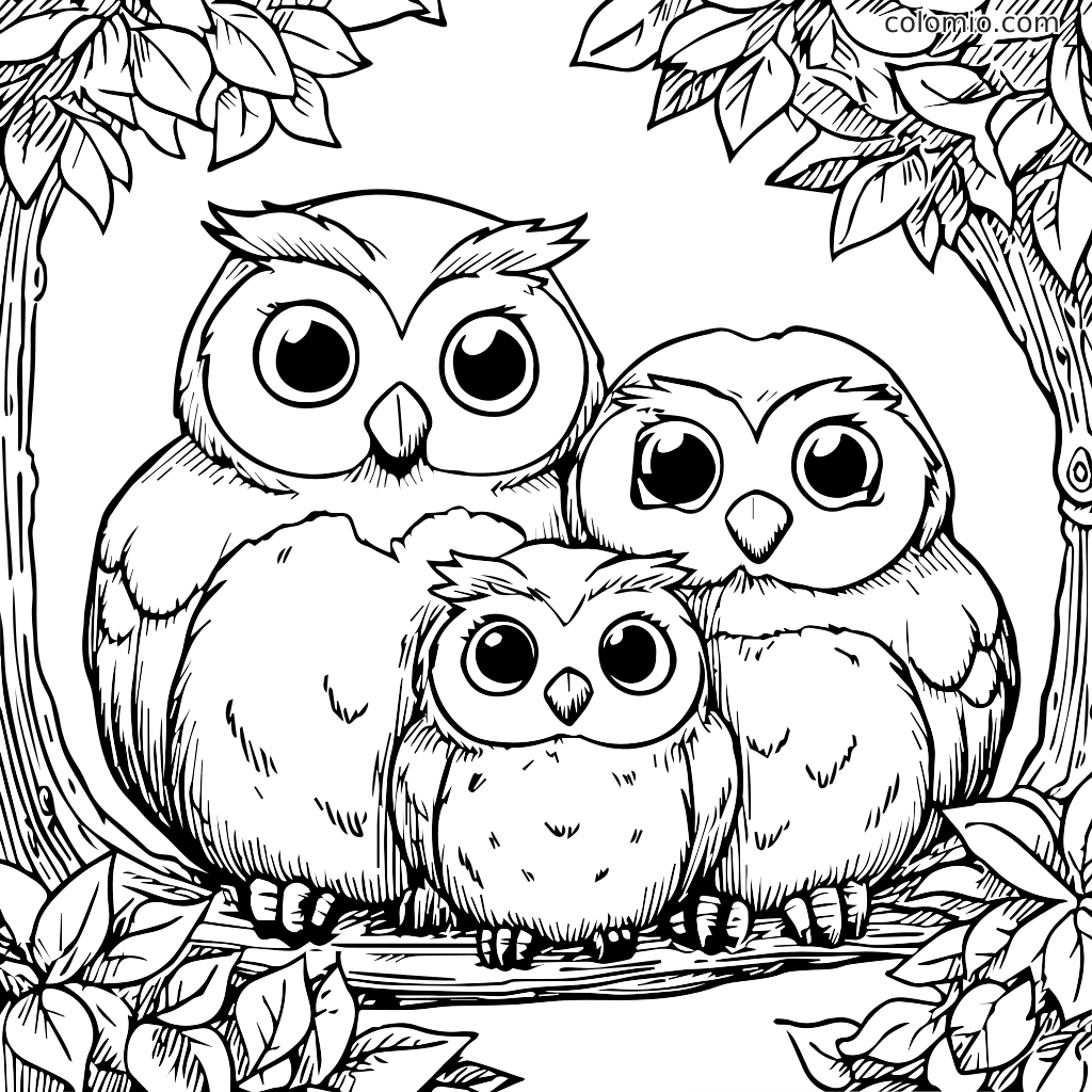 Ett svartvitt målarblad med en familj av tre ugglor som sitter på en gren omgiven av löv.