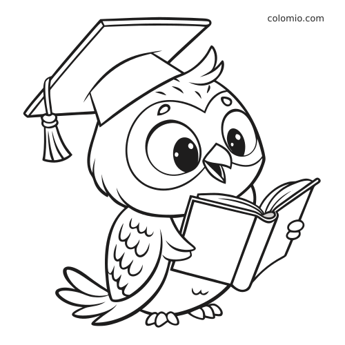Uma coruja em estilo cartoon, usando chapéu de formatura e segurando um livro aberto enquanto lê.