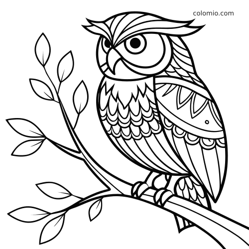 Uma coruja em estilo zentangle, vista de lado, pousada em um galho com folhas, penas estampadas e contornos grossos.