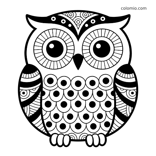 Coruja zentangle em preto e branco com olhos grandes e redondos, listras marcantes nas asas e penas com padrões simples.
