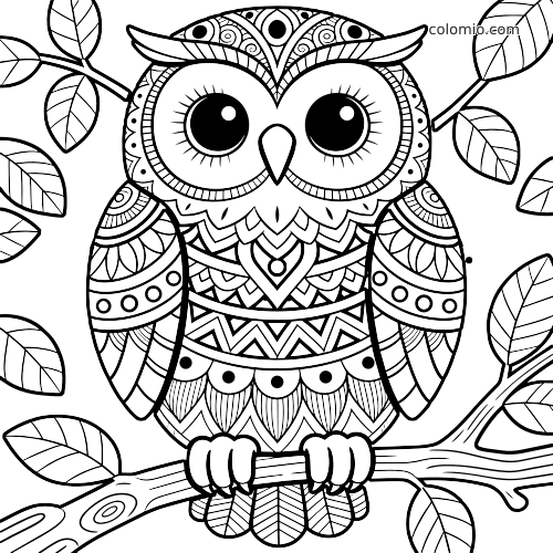 Coruja zentangle vista de frente, com olhos grandes, padrões geométricos detalhados nas penas e galhos com folhas ao redor.