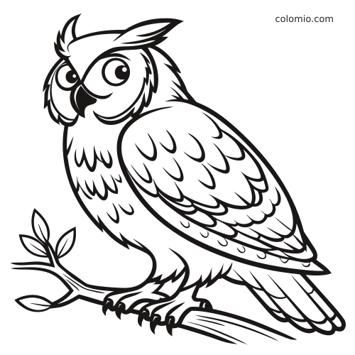A cute cartoon-style great horned owl with large round eyes sits on a branch, drawn with playful lines and layered feathers.