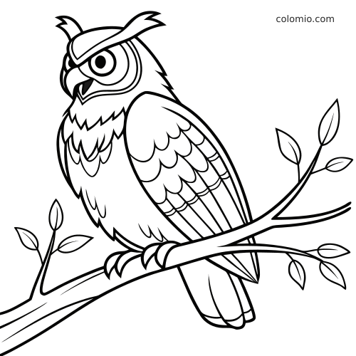 Ilustração simples de uma coruja-orelhuda pousada em um galho com folhas, vista de lado, com contornos grossos e penas bem definidas.