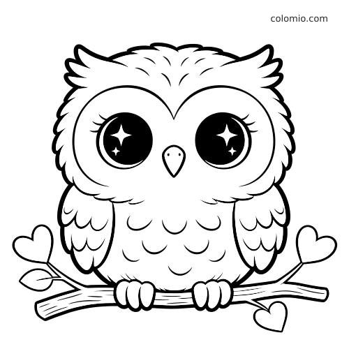 Uma coruja kawaii de olhos grandes e brilhantes está pousada em um galho com folhas em forma de coração, em contorno preto e branco.