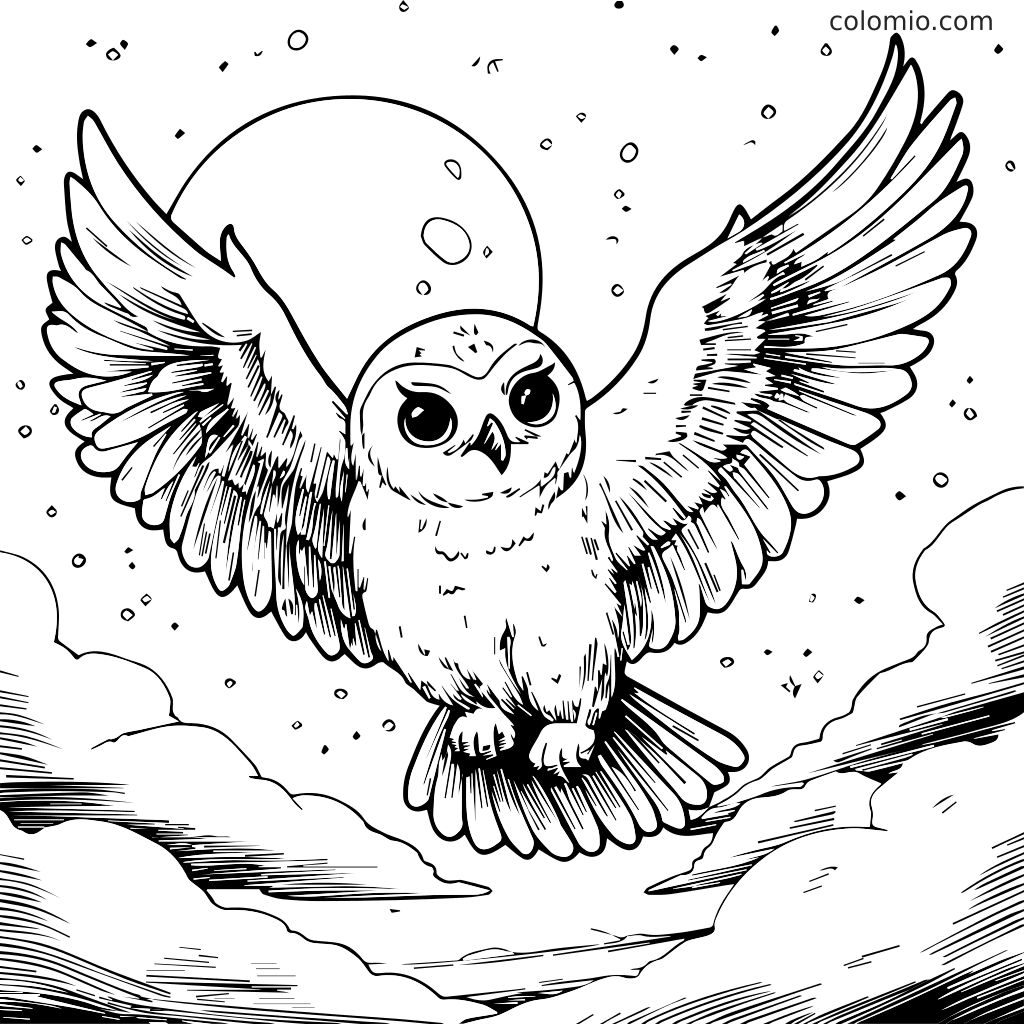 Une page à colorier détaillée d'un hibou en vol avec les ailes déployées sous une pleine lune et des nuages.