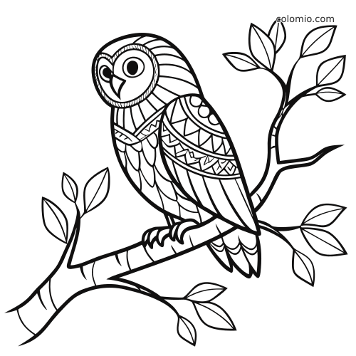 Uma coruja em estilo zentangle, com penas estampadas, pousada em um galho de árvore com folhas em contorno preto e branco.