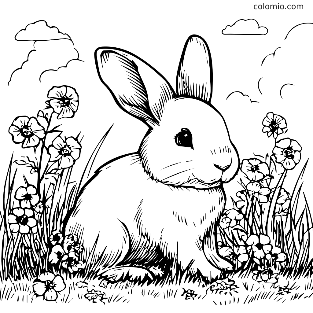 Szczegółowa kolorowanka przedstawiająca urocze królika siedzącego na polu kwiatów z chmurami w tle.