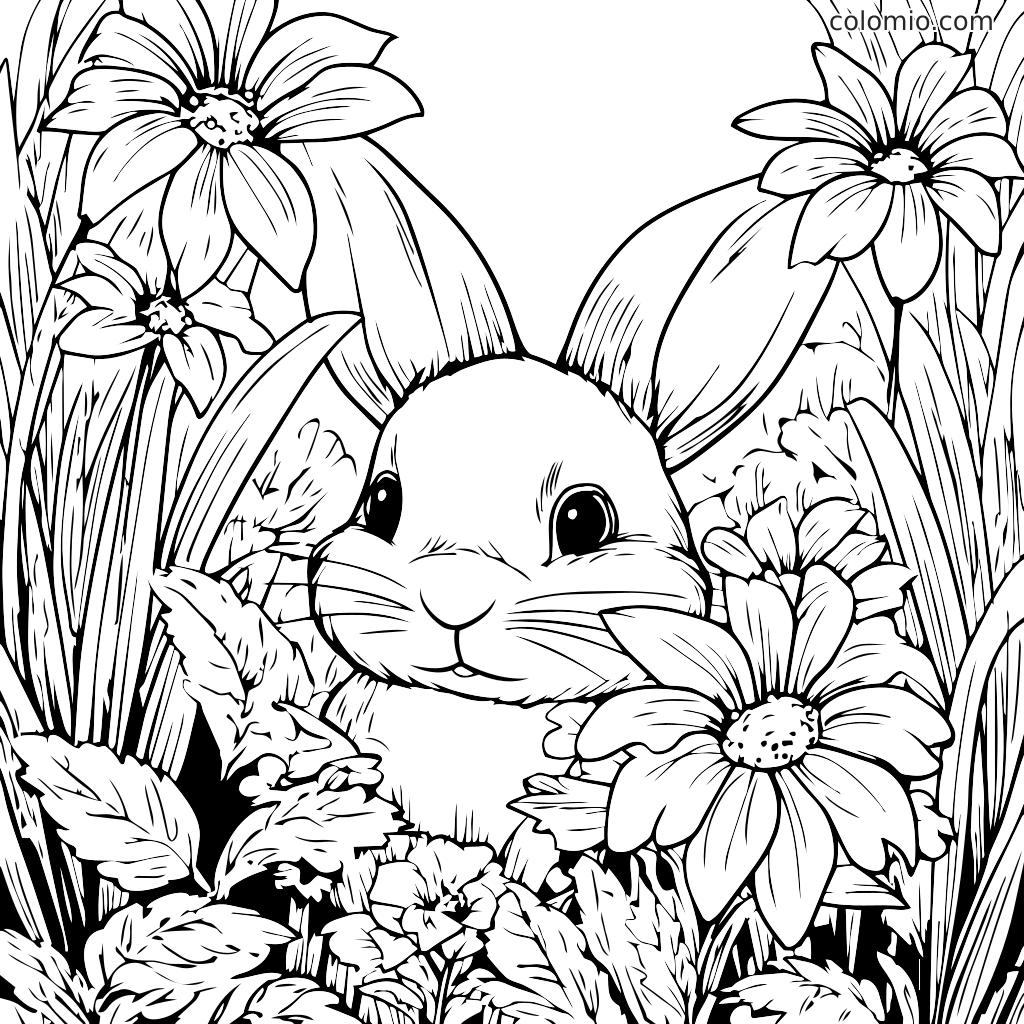 En sød kanin, der kigger gennem blomster og blade i et malebogsdesign.