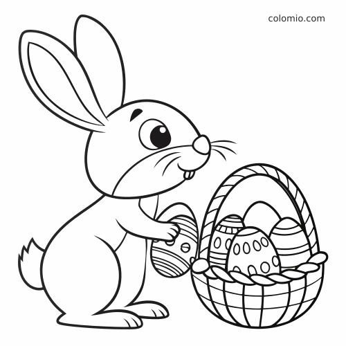 Un coniglio pasquale in stile cartone animato è accanto a un cestino intrecciato pieno di uova decorate, in bianco e nero.