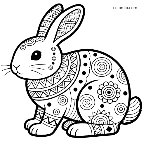 Coniglio zentangle semplice in bianco e nero, seduto di profilo, con motivi floreali, cerchi, spirali e orecchie decorate.