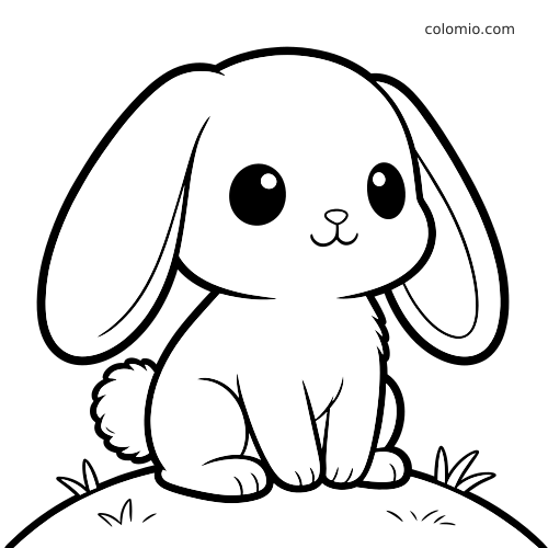 Un coniglio kawaii con lunghe orecchie pendenti è seduto su una collinetta erbosa, in semplice stile a contorni bianco e nero.