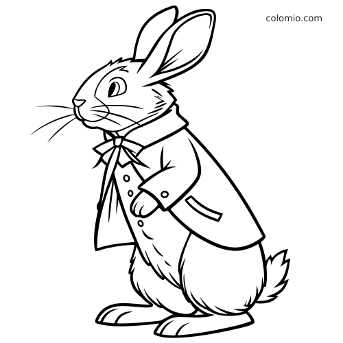 Un coniglio in piedi con giacca e papillon, illustrato con contorni neri semplici in uno stile simile a Peter Rabbit.