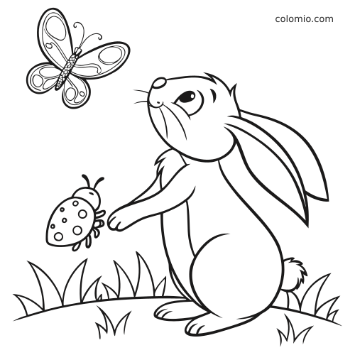 Un coniglio in piedi allunga la zampa verso una coccinella mentre guarda una farfalla sopra di lui, in stile semplice.
