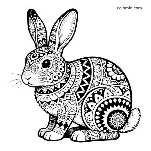 Un coniglio visto di lato, ricoperto da motivi zentangle dettagliati, forme geometriche fitte e linee decorative intricate.
