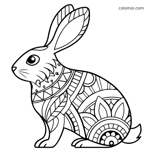 Coniglio visto di profilo con motivo zentangle semplice, contorni spessi e ampi spazi aperti da colorare.