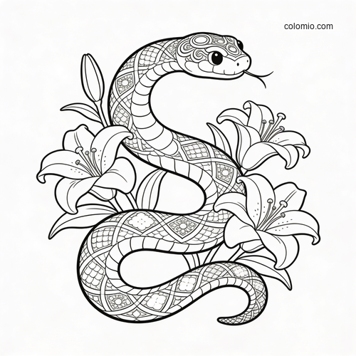 A patterned Art Nouveau snake coiled among blooming lilies, drawn in detailed black and white line art.