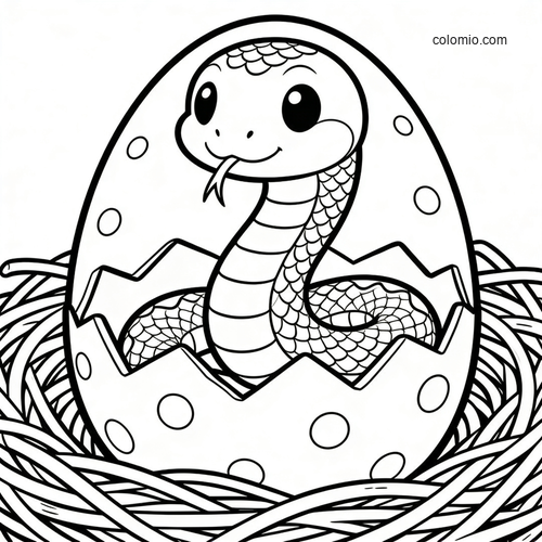 A cute baby snake with big eyes hatching from a spotted egg, sitting in a nest in a simple cartoon style.