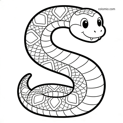 A large letter S shaped like a smiling cartoon snake, with patterned scales and a friendly face in black and white.