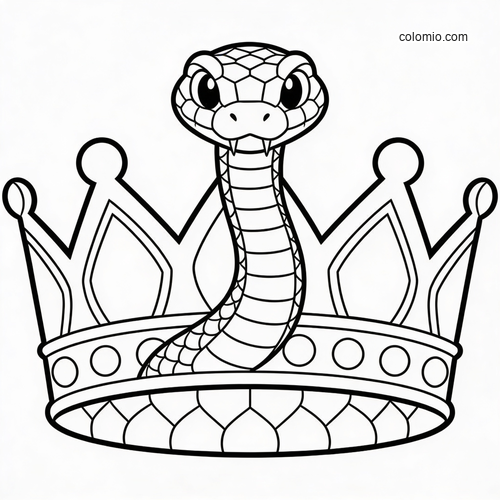 A black-and-white outline of a snake rising through a large royal crown, drawn in a simple cartoon style.