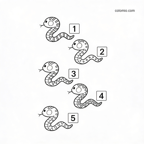 Black-and-white counting worksheet showing five cartoon snakes labeled with numbers 1 to 5 in a simple layout.