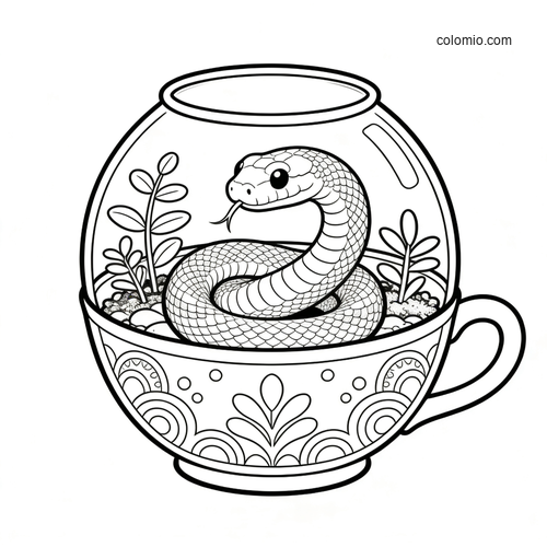A cute snake curled inside a teacup terrarium with small plants, drawn in clean black-and-white line art.