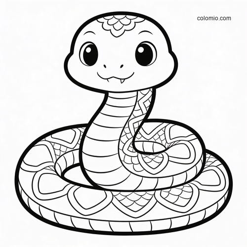 A cute baby snake coiled in a cartoon style, with big eyes, a smiling face, and simple patterned scales.
