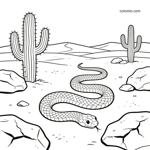 A snake slithers across a desert panorama with tall cacti, rocks, and distant dunes in a simple black-and-white outline.