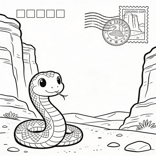 A cute cartoon snake coiled in a desert canyon postcard scene, with cliffs, a postage stamp, and a postmark above.