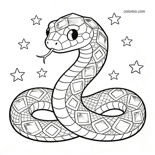 A cute fantasy snake with crystal-like scales, large eyes, and stars around it in a simple black-and-white outline style.