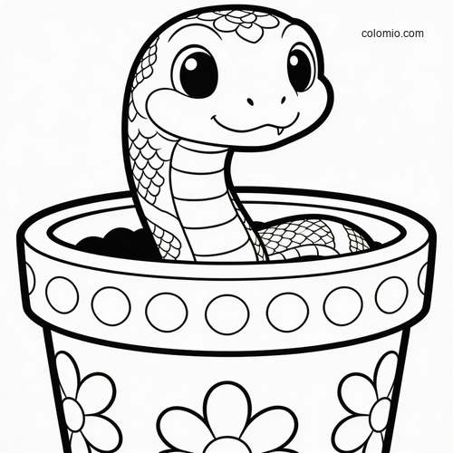 A cute smiling snake with large eyes rises from a flower pot decorated with simple daisy shapes in black and white.