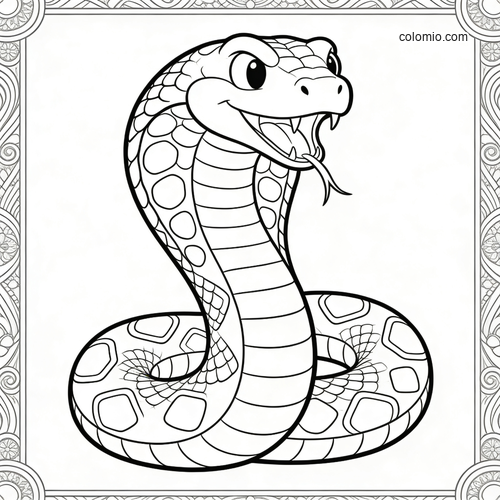 A cute cartoon snake with a raised hood, smiling face, and patterned coiled body inside a decorative border.