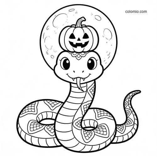 A cute cartoon snake with big eyes, a jack-o'-lantern on its head, and a full moon behind it in black and white.