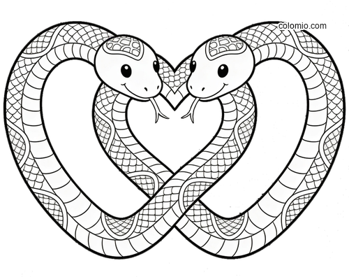 Two cute snakes intertwined in a heart-shaped knot, drawn in clean black-and-white line art for coloring.