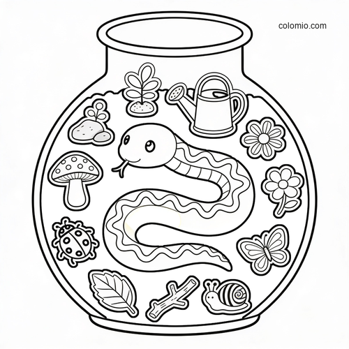 A cute snake inside a terrarium with hidden objects like flowers, a mushroom, butterfly, snail, and watering can.
