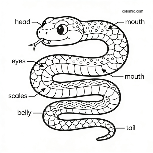 Black-and-white cartoon snake anatomy diagram with labels for head, eyes, scales, belly, mouth, and tail.