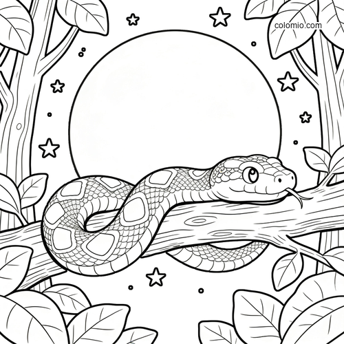 A snake coiled on a tree branch in a moonlit forest scene, with stars, leafy trees, and simple black-and-white line art.
