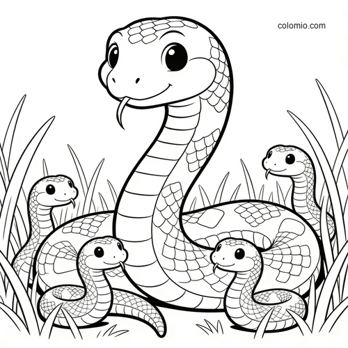 A cute cartoon parent snake sits in grass surrounded by four smiling hatchlings, drawn in simple black and white line art.