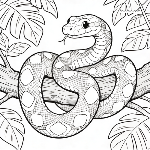 A cute cartoon python coiled around a tree branch in a jungle canopy, with large eyes and patterned scales.