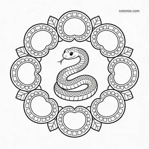 A coiled snake sits in the center of a circular wreath made of heart-shaped frames and leaves in clean black outlines.