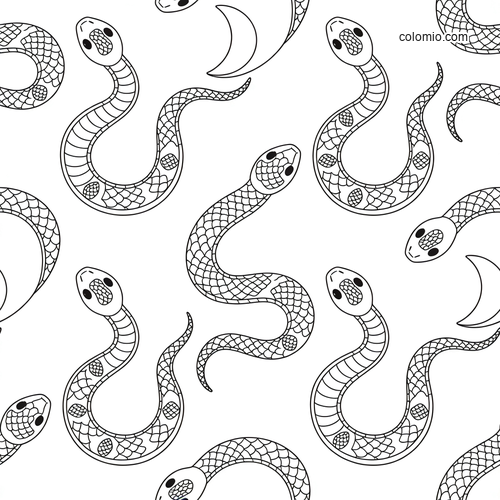 Black-and-white repeat pattern of geometric snakes with scale details and crescent moons on a plain background.