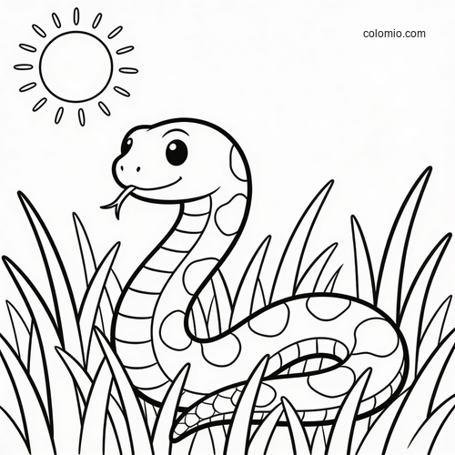 A cute cartoon snake with spots rises from tall grass under a simple sun, drawn in bold black outlines.