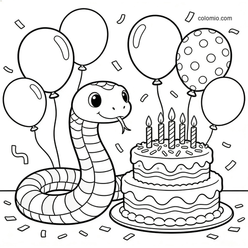 A cute cartoon snake beside a birthday cake with candles, balloons, and confetti in a simple party scene.