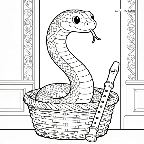 A smiling cobra rises from a woven basket beside a flute, drawn in clean black-and-white line art.