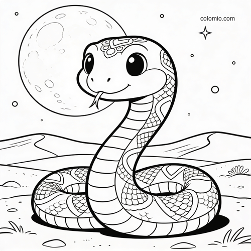A cute cartoon snake coiled in a desert at night, with a large moon, stars, and simple patterned scales.