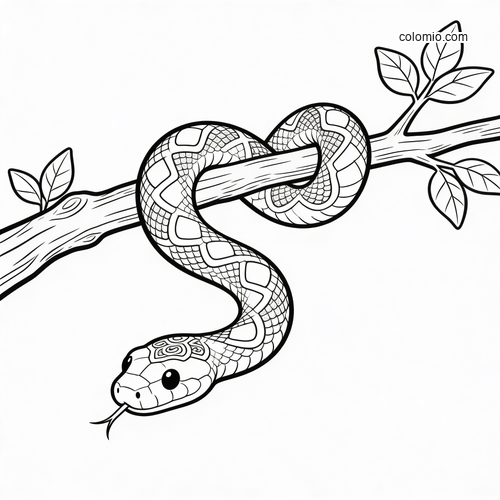 A patterned snake coiled around a tree branch with leaves, shown in a clean black-and-white line art style.