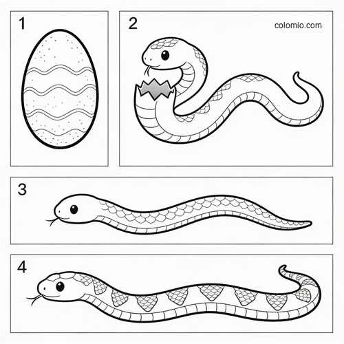 Black and white snake life stages worksheet showing an egg, a hatching baby snake, a young snake, and a larger snake.