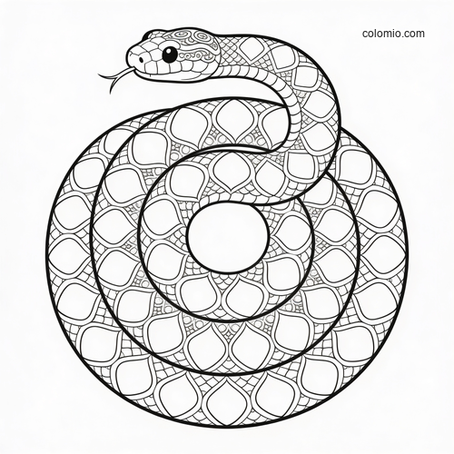 Black-and-white snake coiled into a circular mandala, with a ring of large scale shapes and detailed patterned sections.