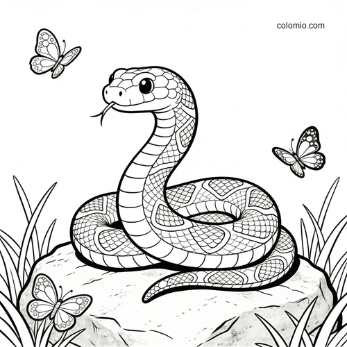 A cute coiled snake sits on a rock with butterflies and grass around it in a simple black-and-white line drawing.