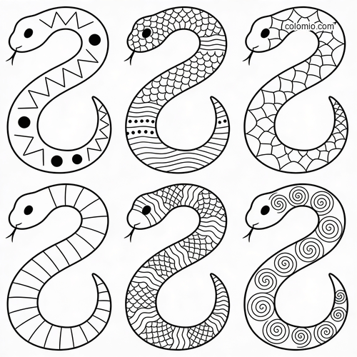 A black-and-white sheet showing six simple snake outlines, each filled with a different decorative skin pattern.
