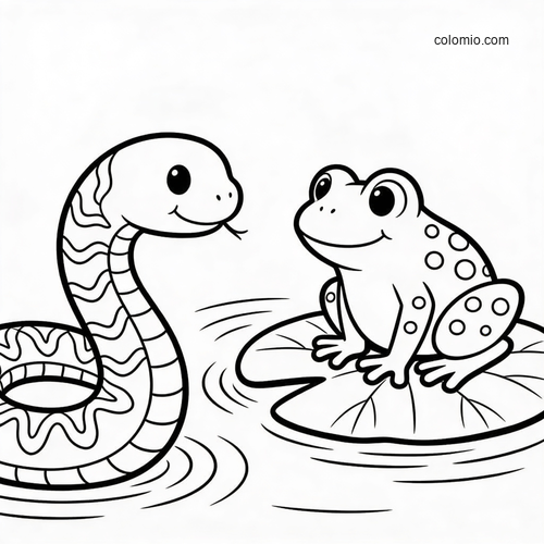 A cute cartoon snake faces a smiling frog sitting on a lily pad in a simple black-and-white outline drawing.